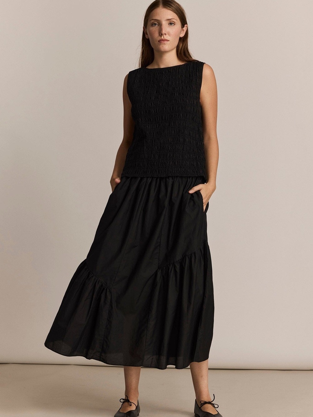 M. PATMOS Larson Skirt Tiered Midi Cotton Silk Black Small